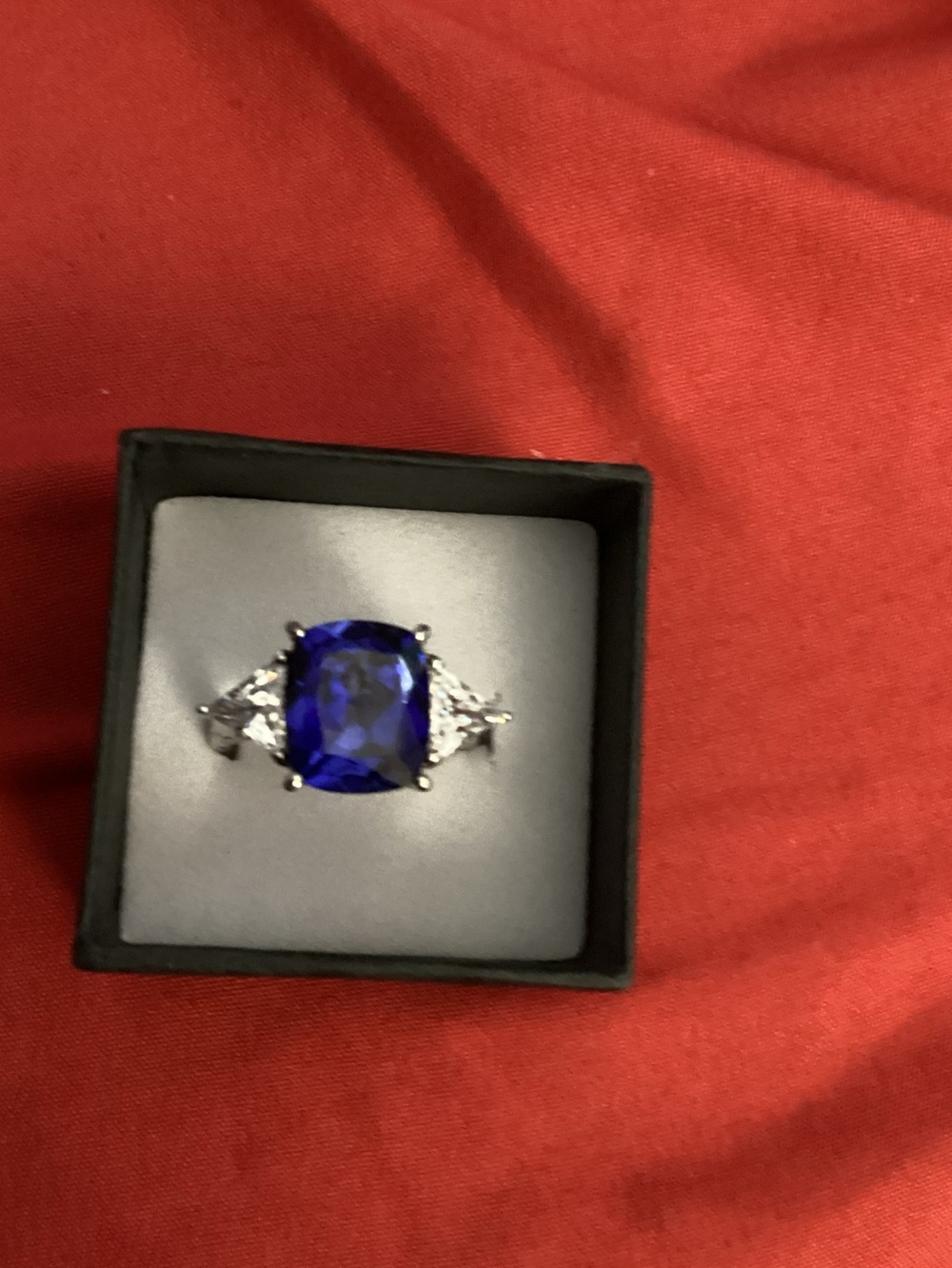 JTV Deep Blue Cushion-Cut Center Stone Ring with Clear Side Stones